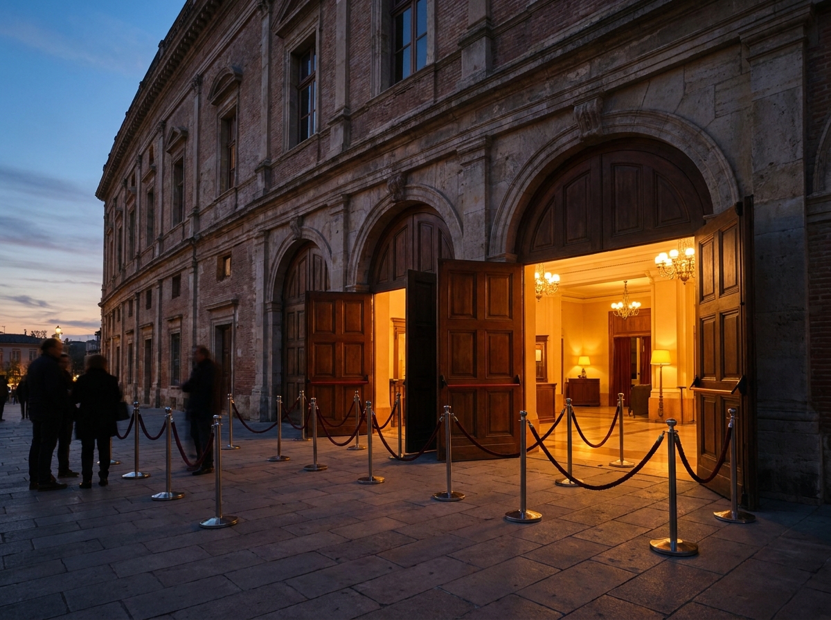 The prepared entrance of a concert hall before an orchestra event.