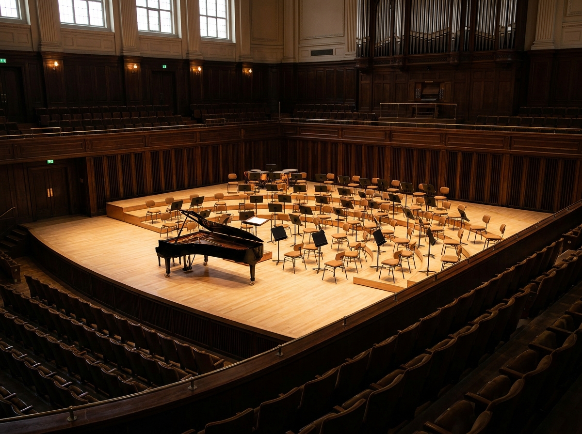 An empty, prepared stage for an orchestra event, viewed from the audience.