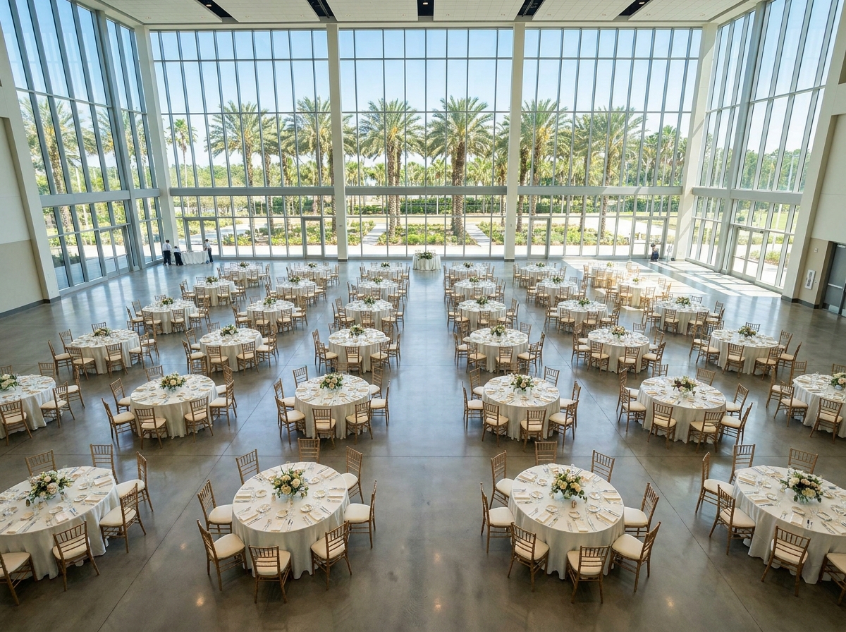 An empty, modern event hall prepared for a conference or gala in Orlando.