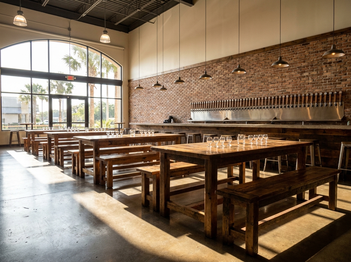 An empty taproom in an Orlando brewery, set up for a ticketed event.