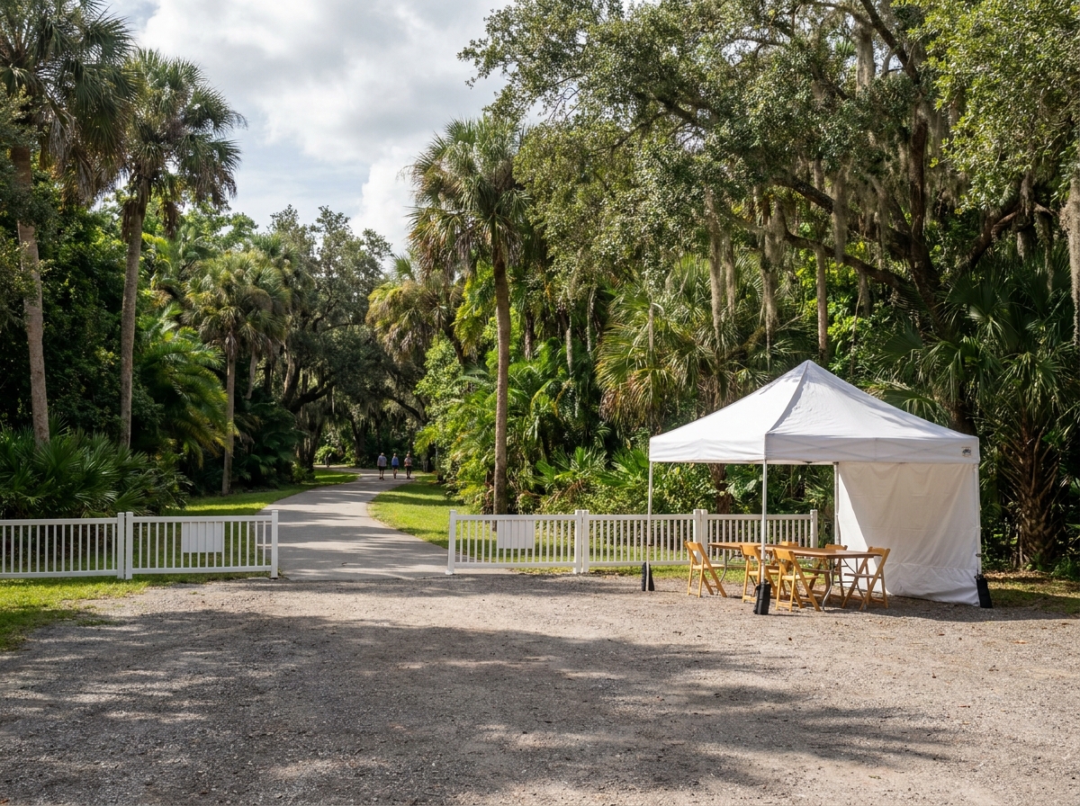 An empty event check-in area at a park in Orlando.