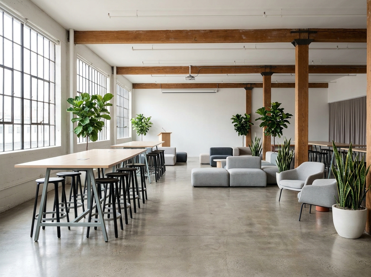 A modern co-working space ready for a networking event in Orlando.