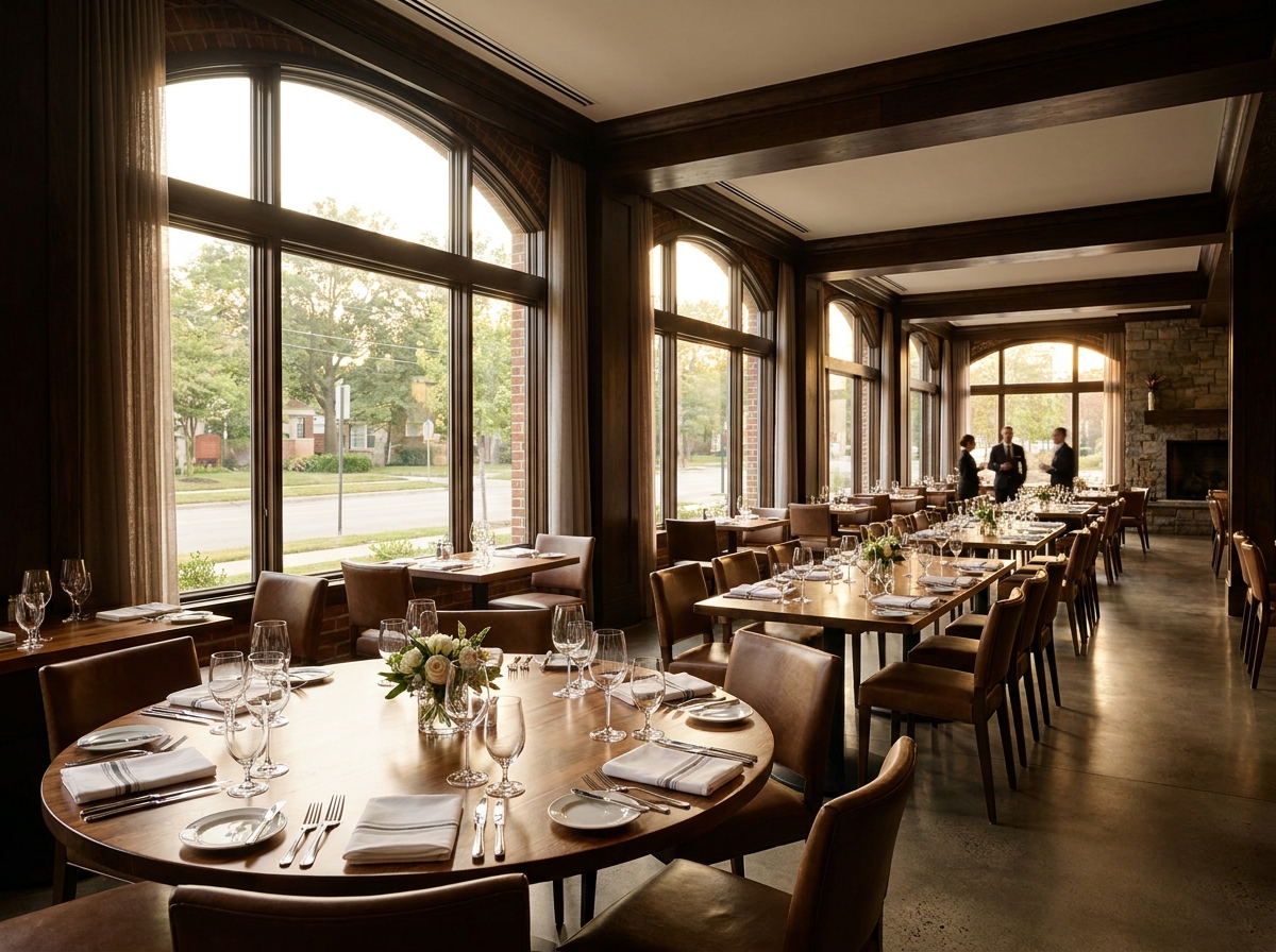 An upscale Orlando restaurant dining room set for a corporate networking event.