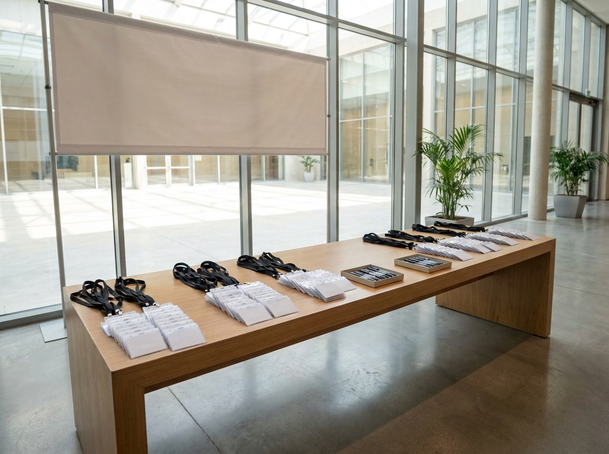 An empty and organized registration desk prepared for a political party event.