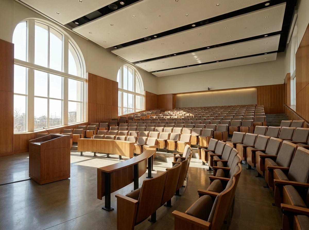 An empty hall prepared for a political party's meeting or conference.