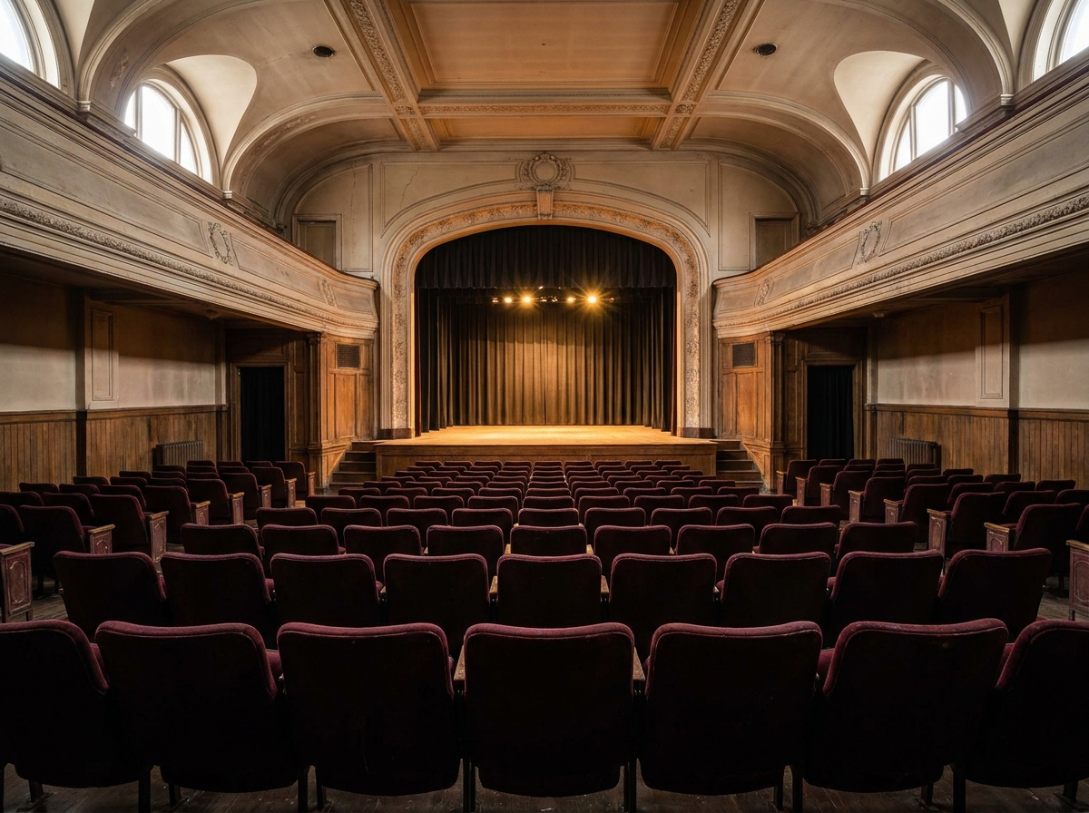 An empty small theatre in Ottawa, set up for a comedy event.