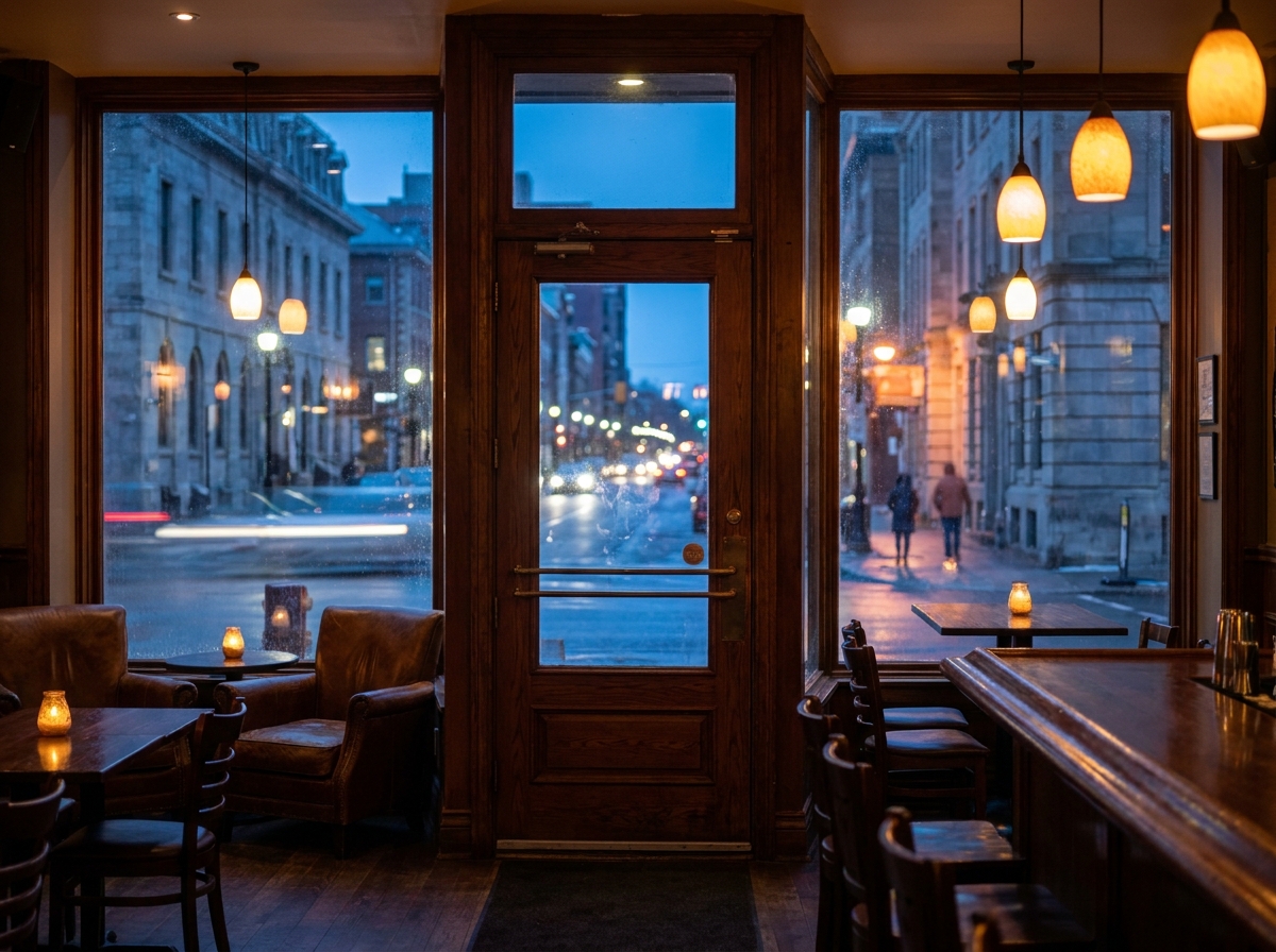 The empty entrance of a pub in Ottawa, a typical venue for comedy nights.