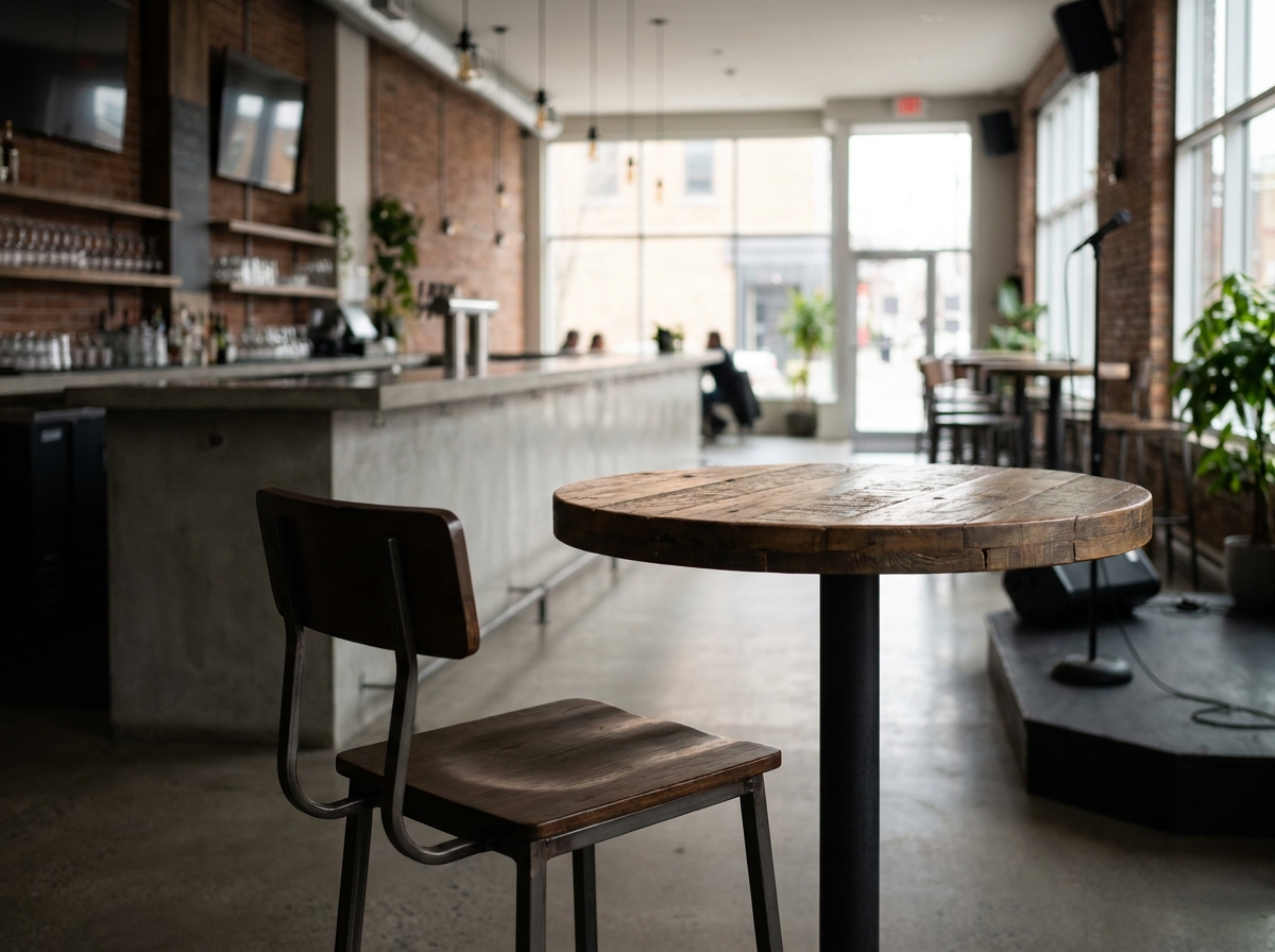 An empty bar stool inside a modern Ottawa venue suitable for a comedy show.