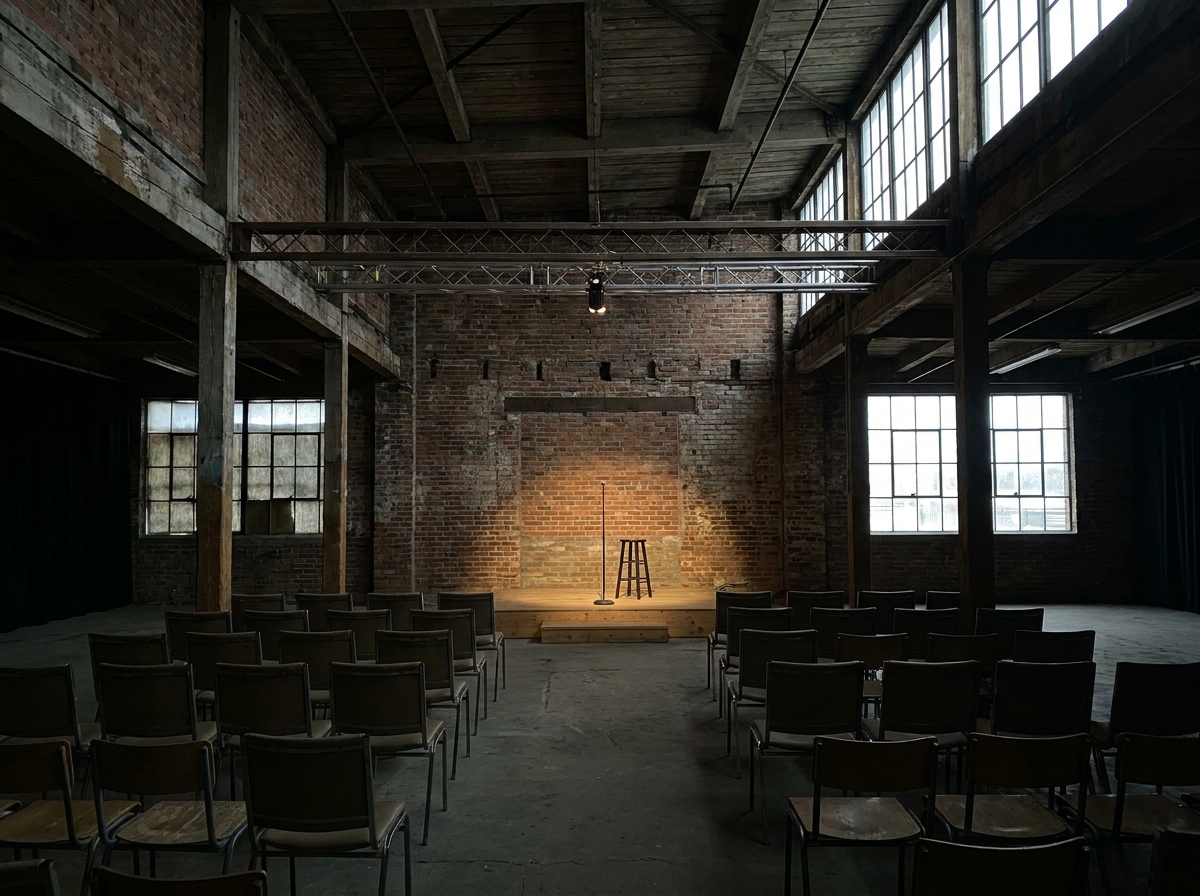 An empty loft space in Ottawa prepared for a stand-up comedy event.