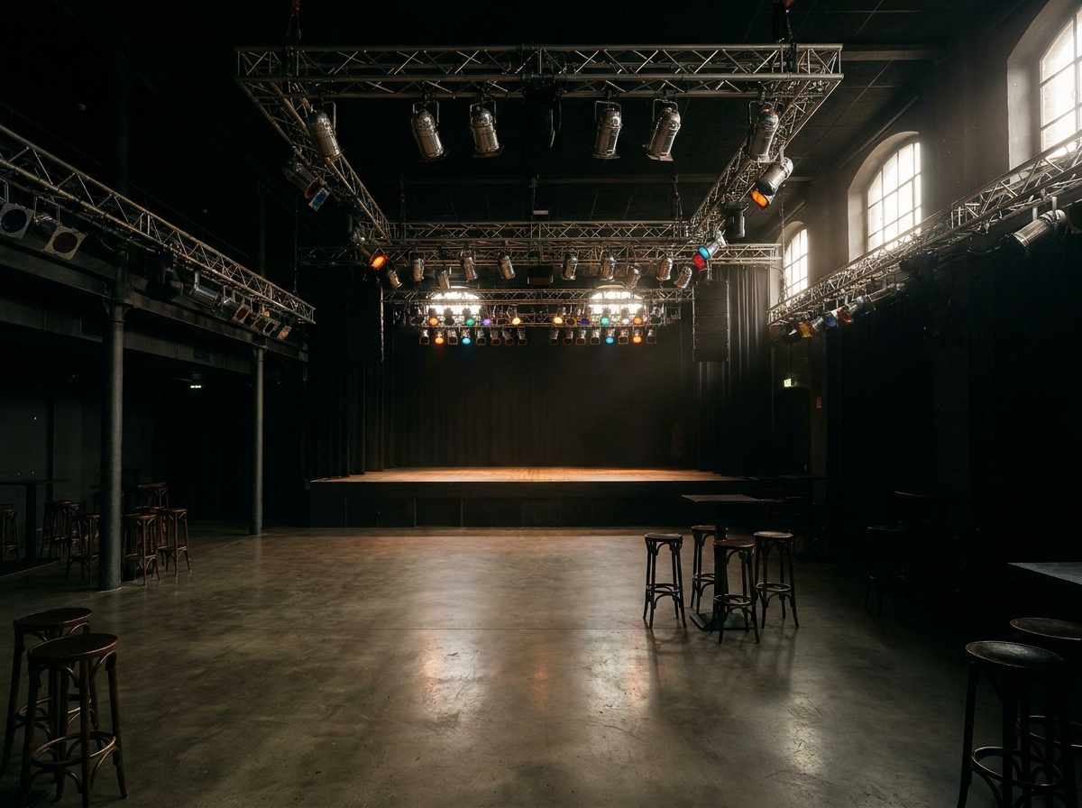 An empty stage at a music venue in Ottawa, ready for an event.