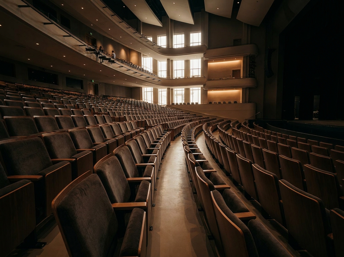 Empty seats in a modern Ottawa theatre before a performance.