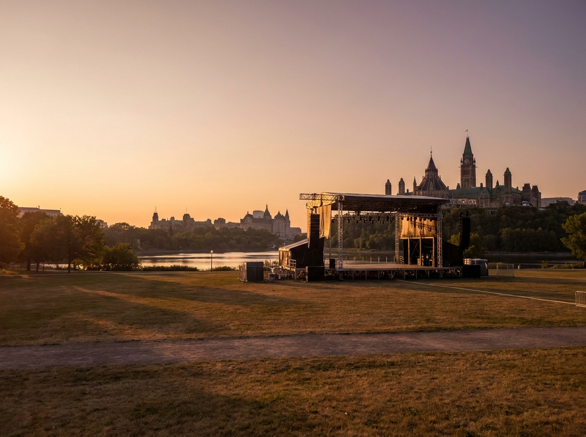 An empty festival stage set up in an Ottawa park before an event.
