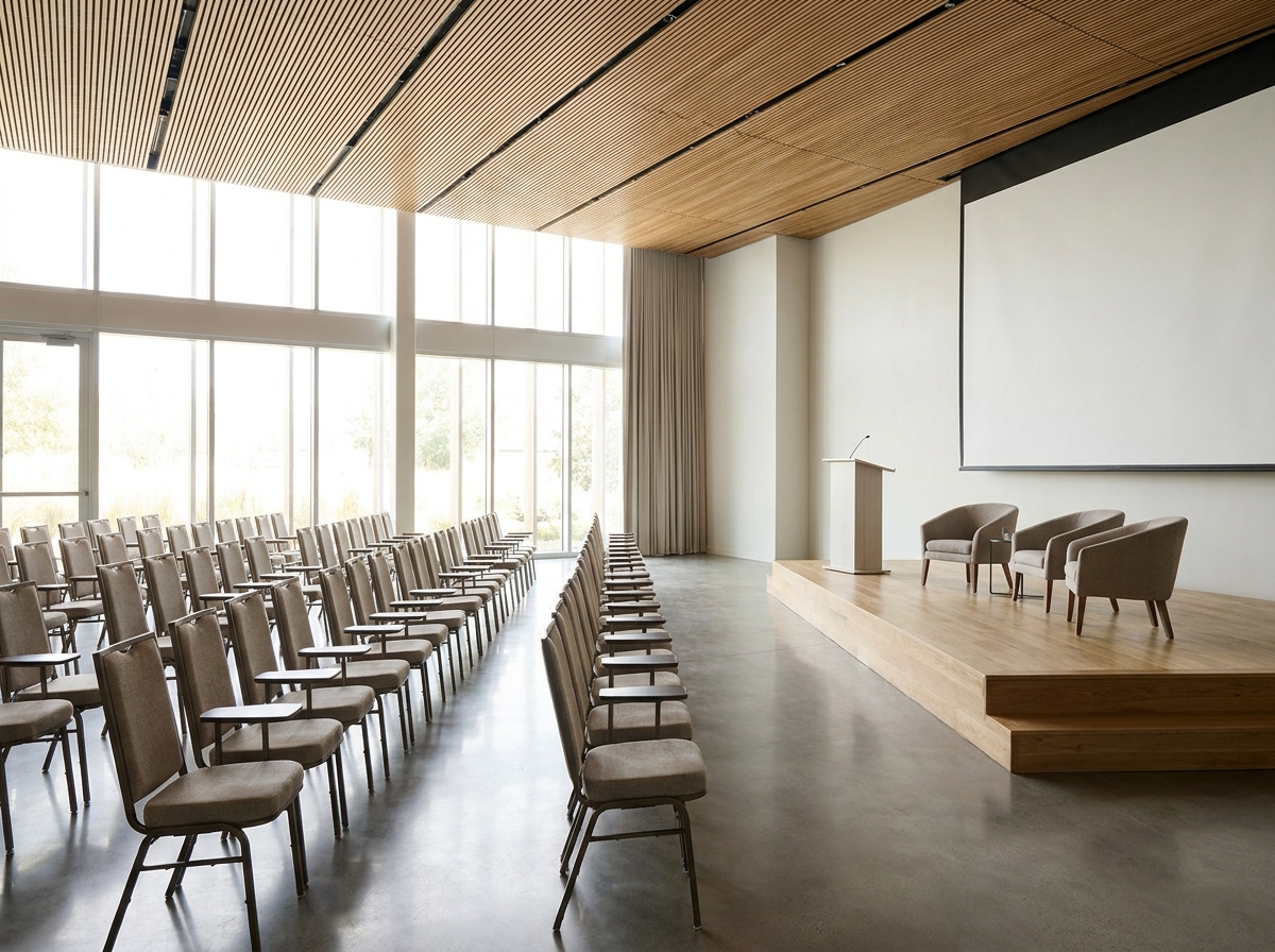 An empty conference room set up for a professional panel discussion in Ottawa.