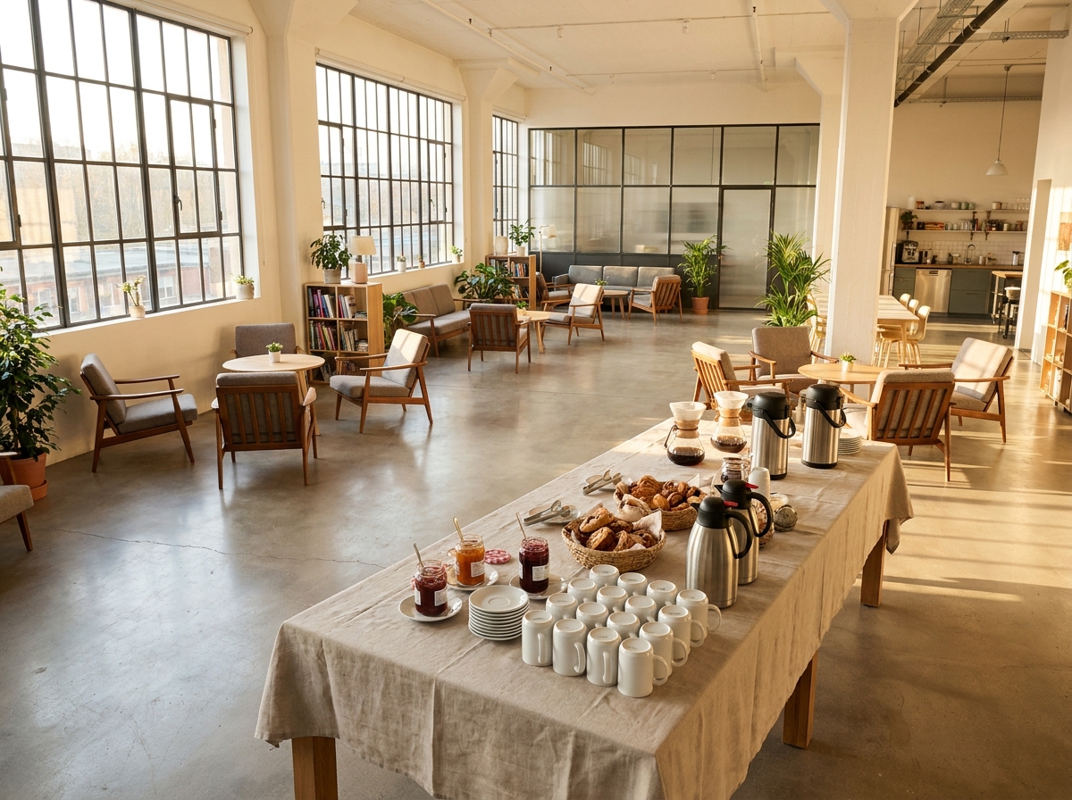A coworking space common area ready for a morning business networking event.