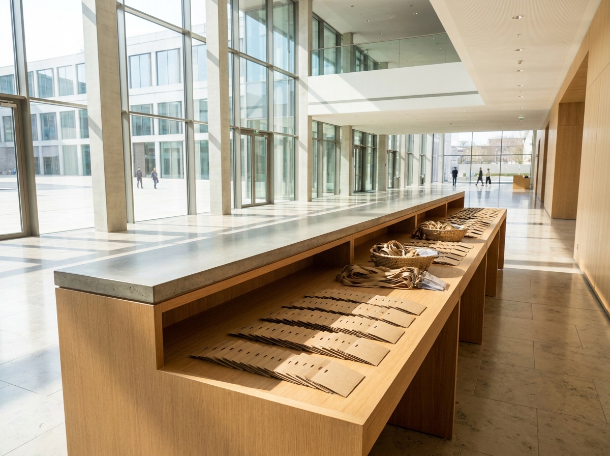 An event registration desk with name tags, ready for attendee check-in.