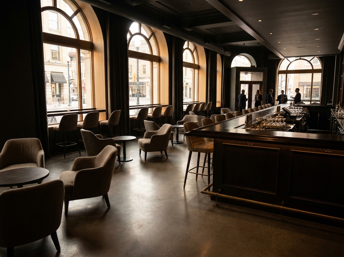 An empty, stylish bar set up for a professional networking mixer in Ottawa.