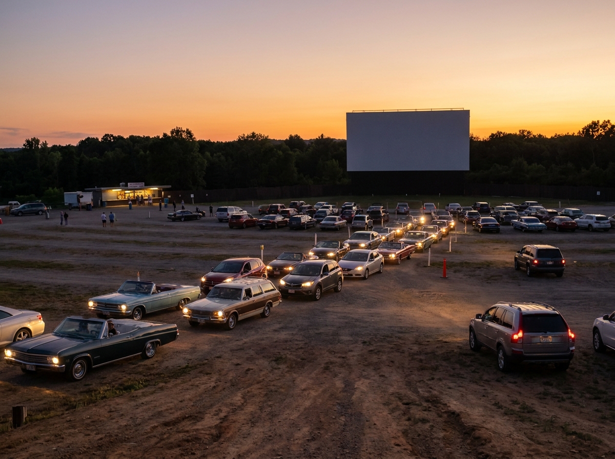 Cars arriving at a drive-in cinema event for an evening movie screening.