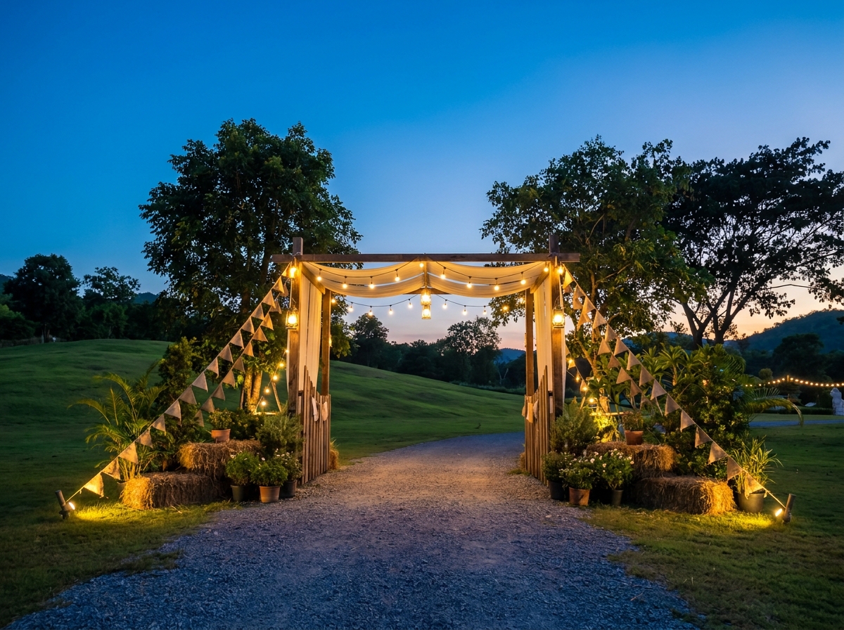 The entrance to an outdoor event venue, prepared for attendee check-in.