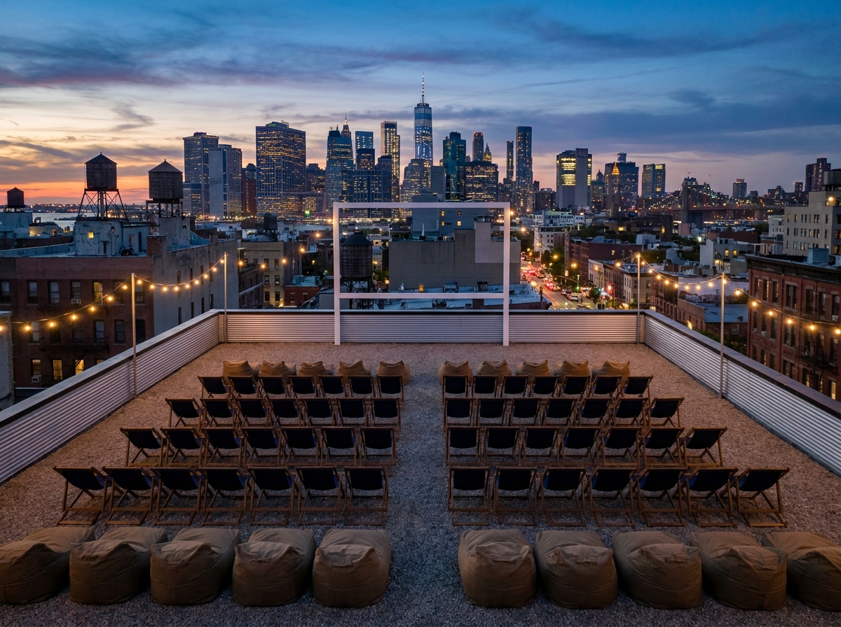 Seating arrangement on a rooftop prepared for an open air cinema event.