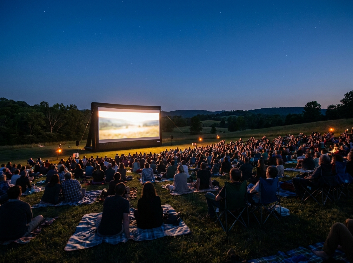 A crowd watches a film at an outdoor cinema event at night.