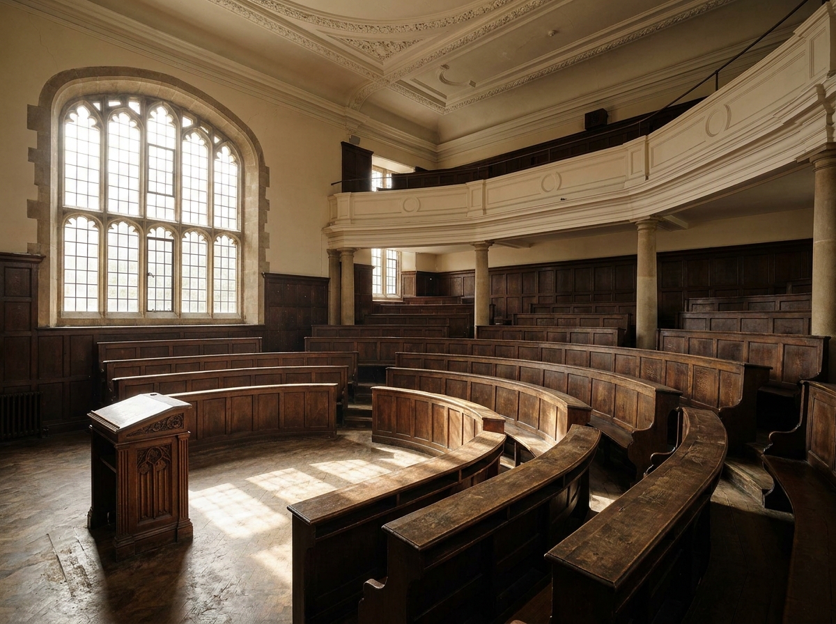 An empty, historic lecture hall in Oxford, ready for an event.