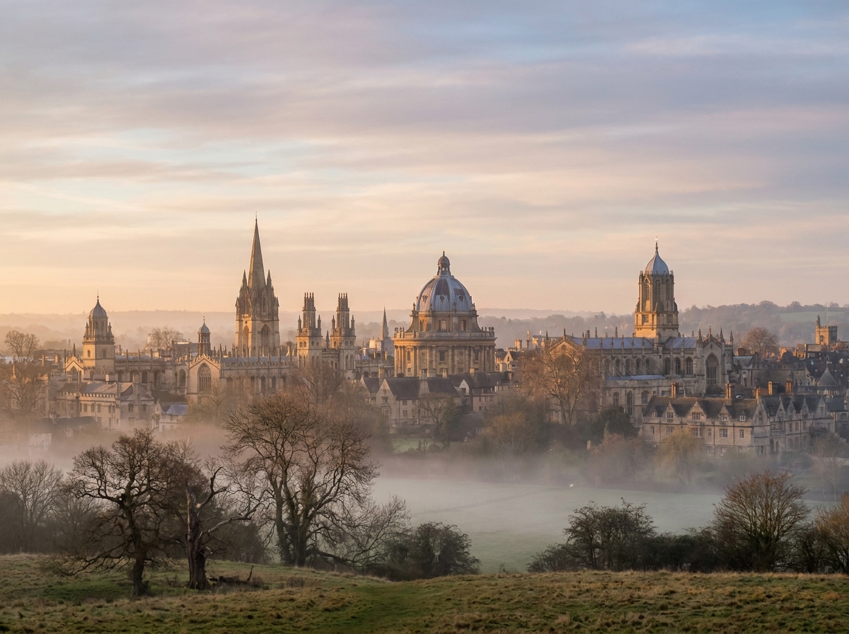 The iconic skyline of Oxford's spires at sunrise.