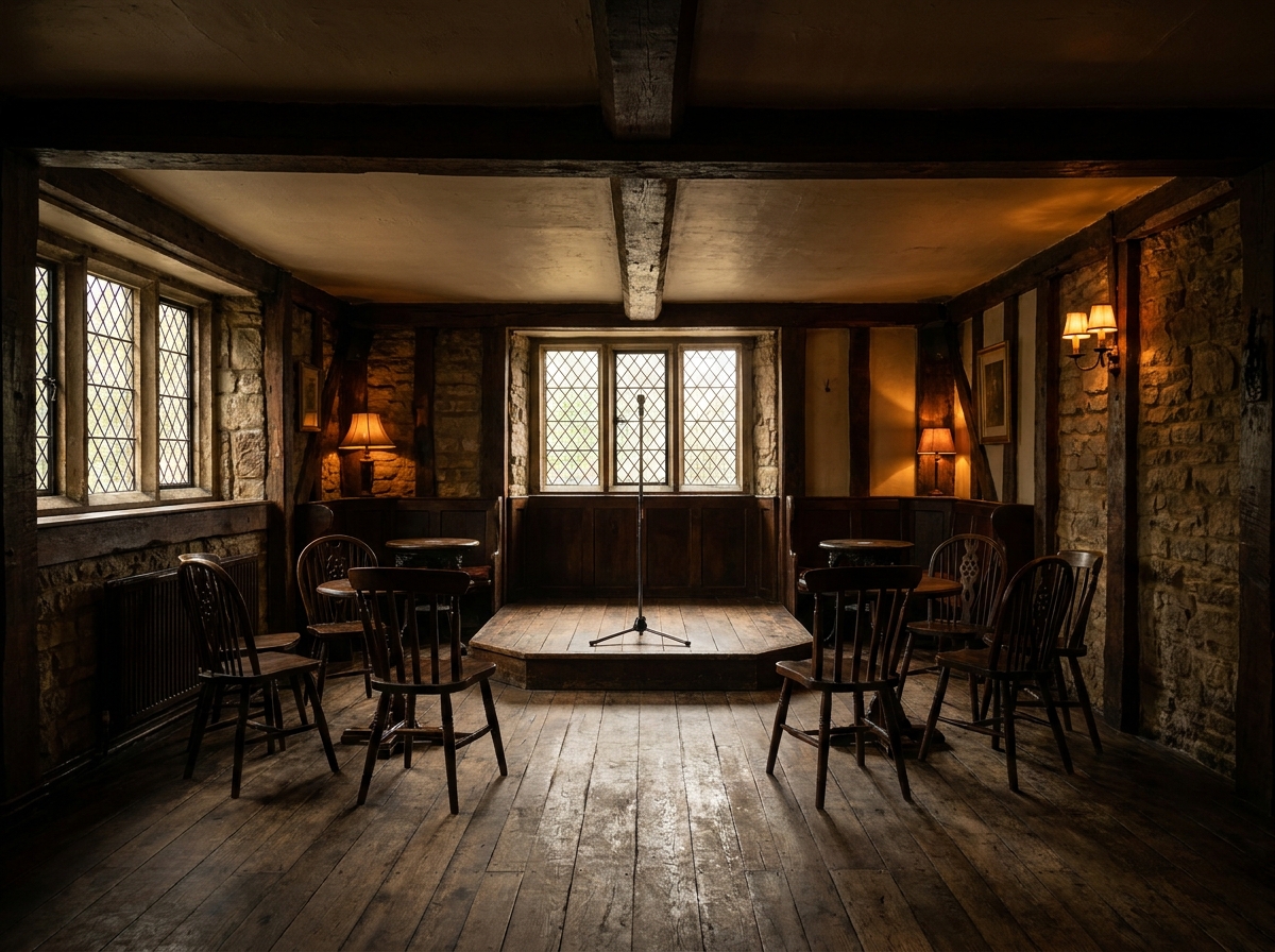 The performance space in an Oxford pub, ready for a comedy or music night.