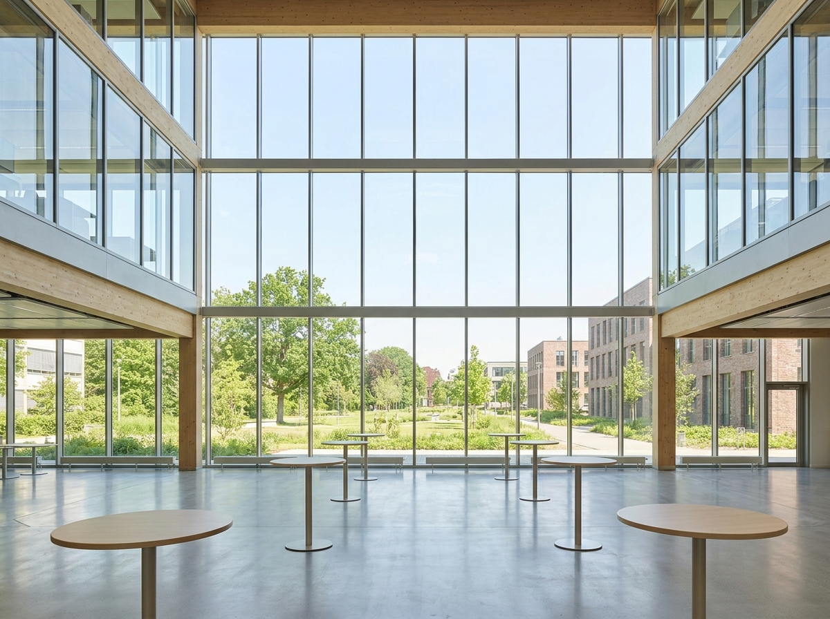 The empty atrium of a modern building set for a professional event in Oxford.