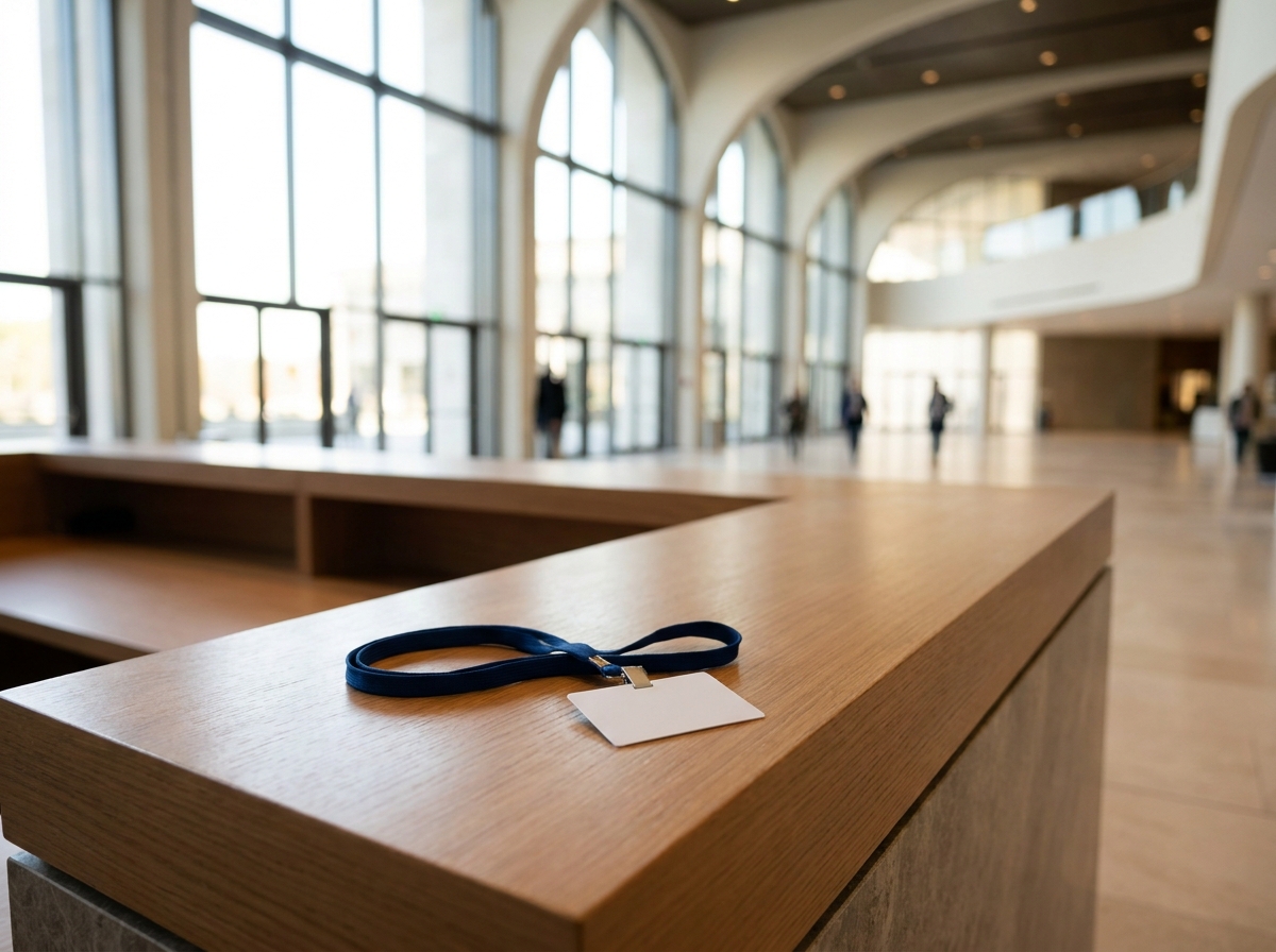 An empty registration desk with a name badge, ready for a networking event.