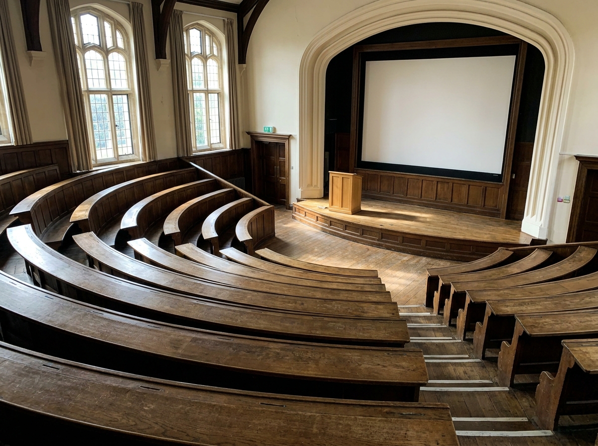 An empty university lecture theatre in Oxford, ready for a professional seminar.