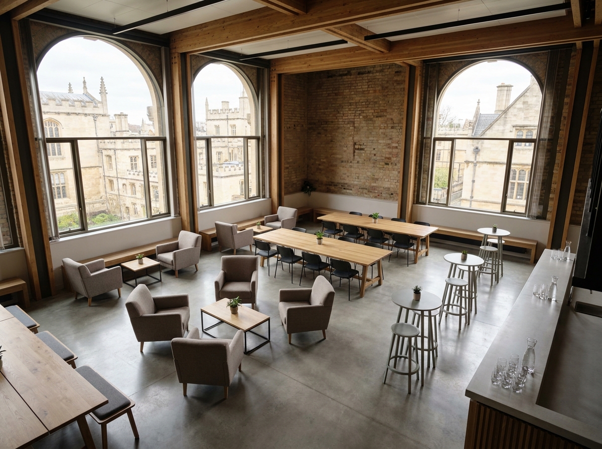 An empty co-working space in Oxford prepared for a business networking event.