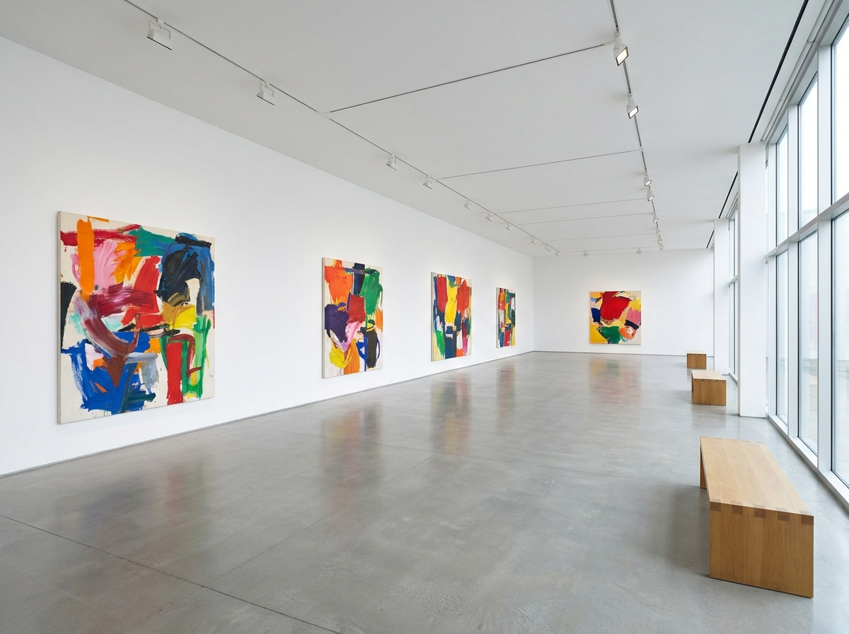 A gallery wall displaying several abstract paintings for an art event.