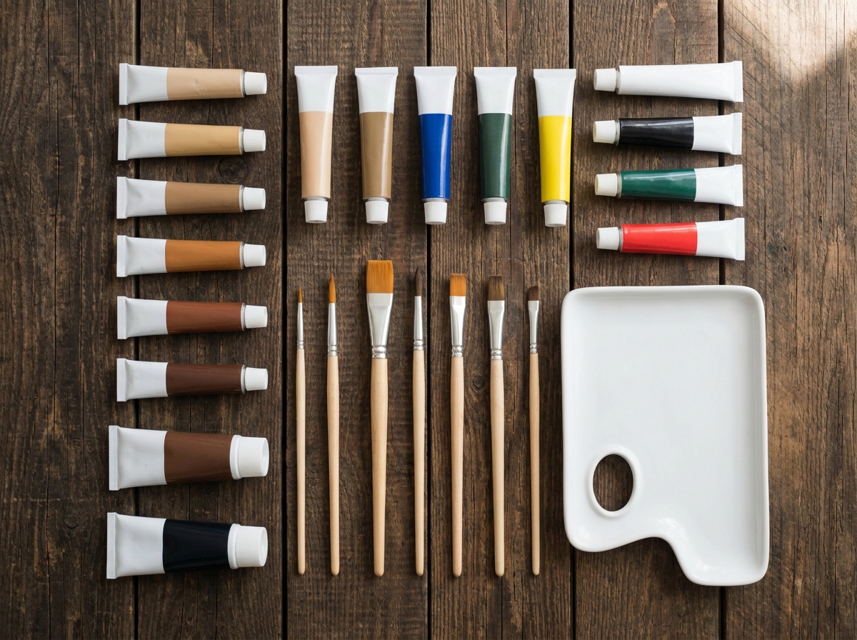 Art supplies, including paints and brushes, arranged for a painting workshop.