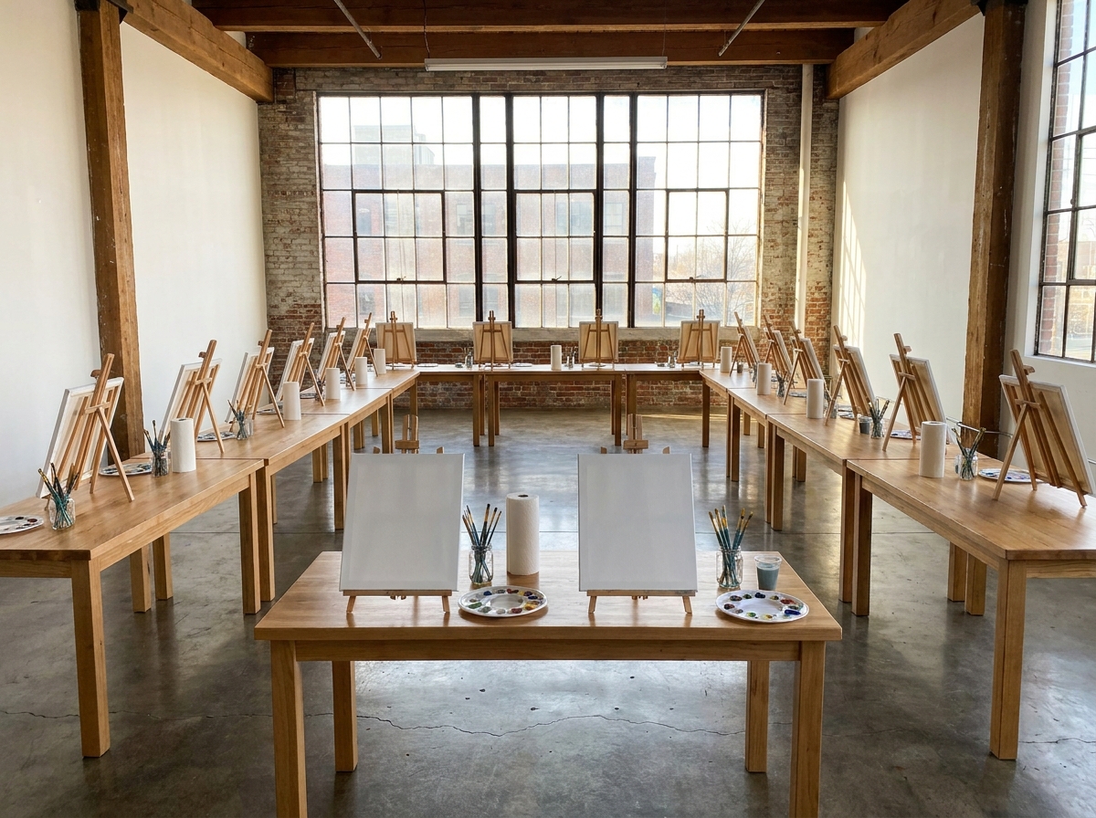 An empty workshop space with tables set up for a painting class.