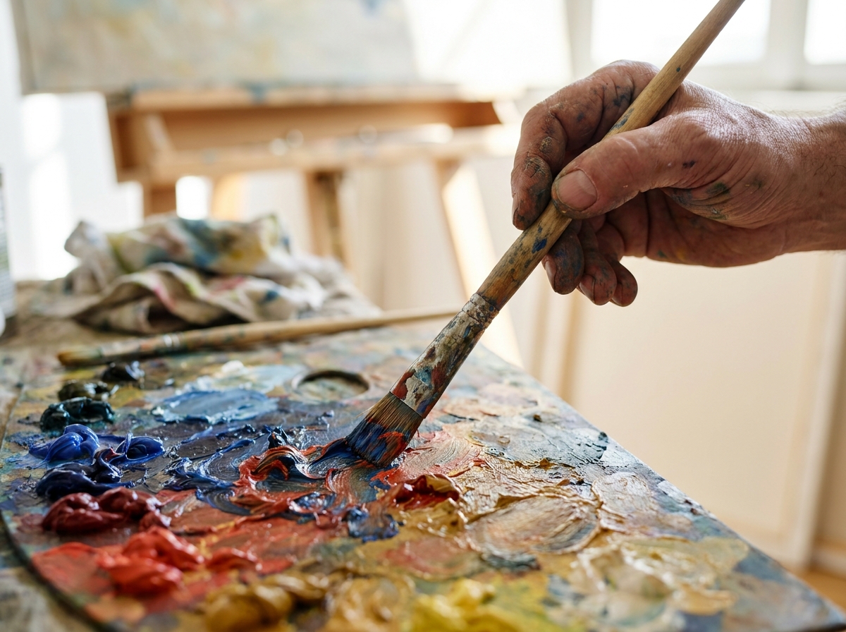 A painter's brush being loaded with colorful paint from a palette.