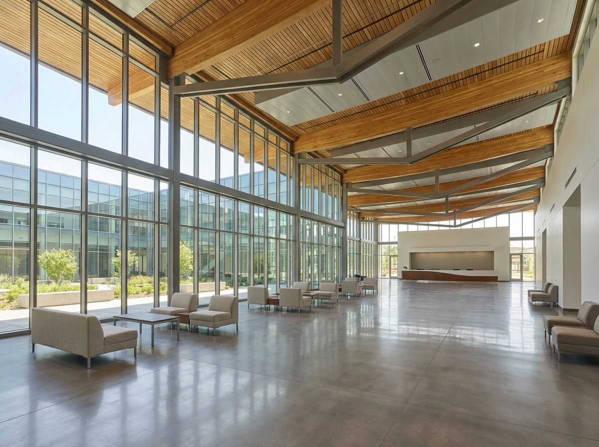 The empty lobby of a modern venue suitable for a professional speaker event.