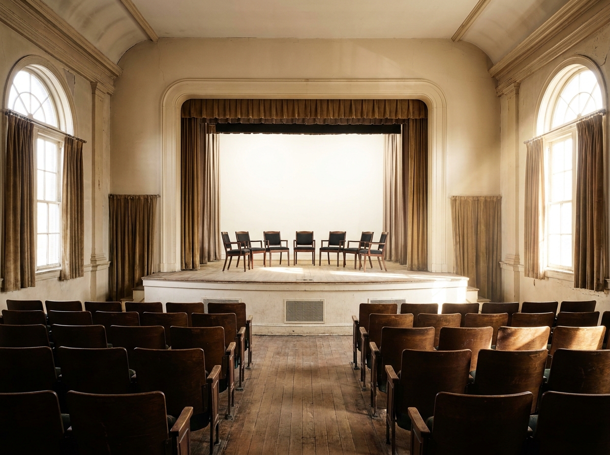 An empty stage with chairs set up for a speaker series event.
