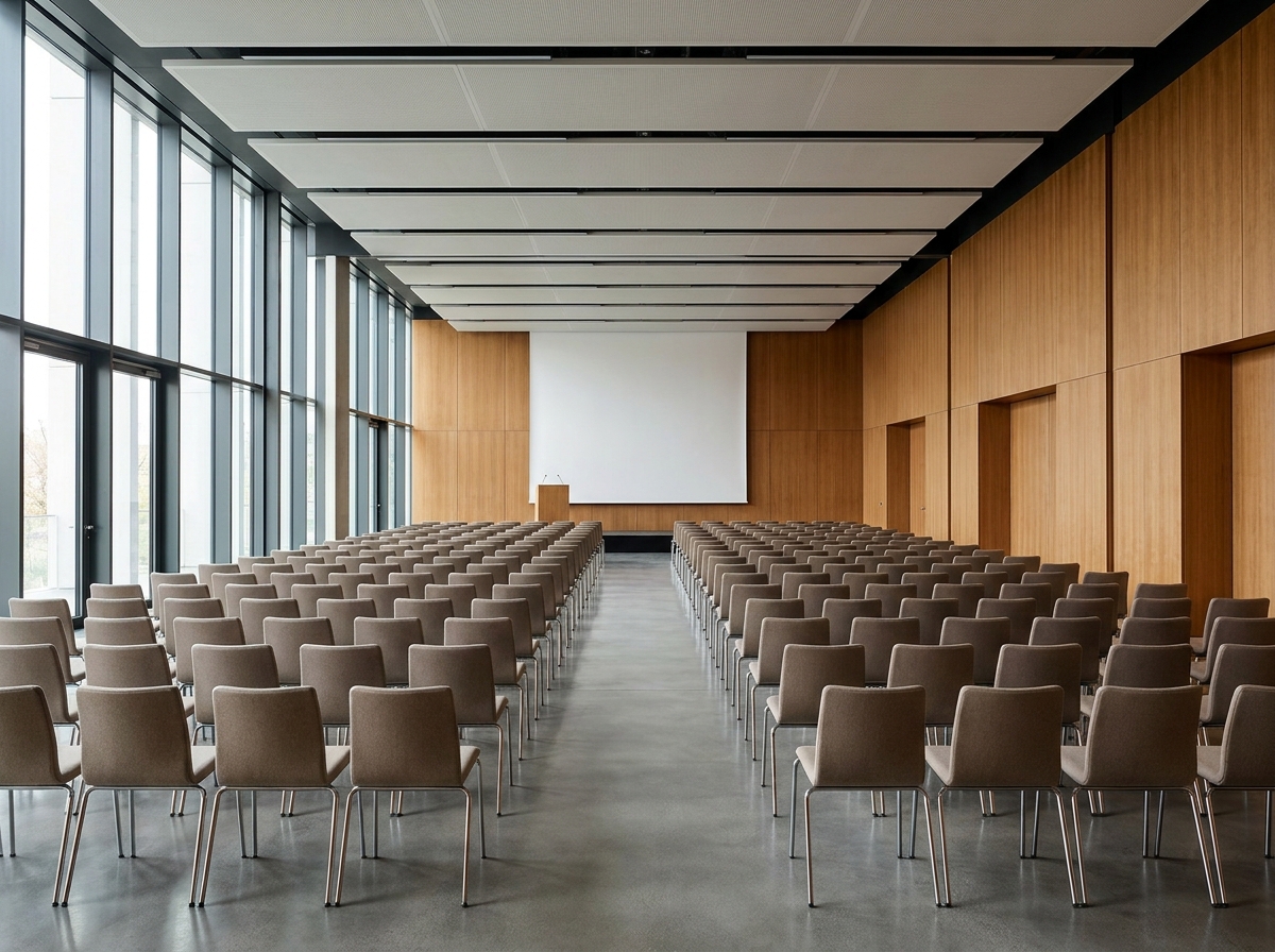An empty conference room set up for a professional talk or presentation.