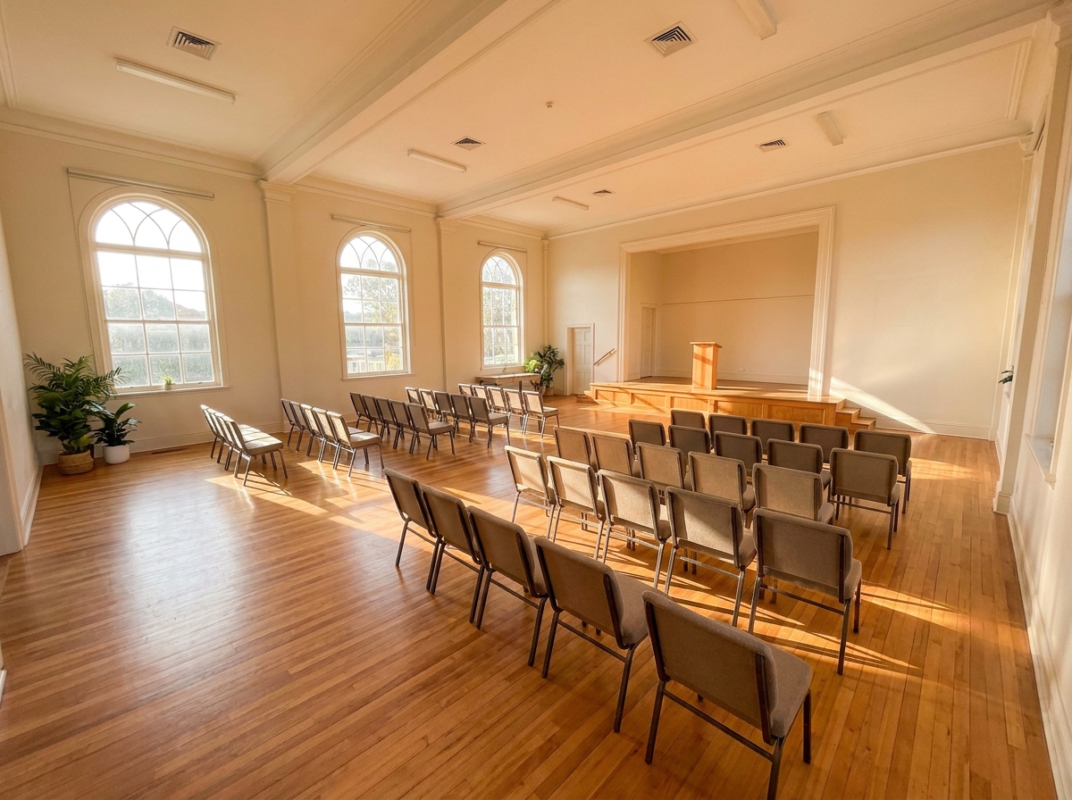 An empty community center room prepared for a parenting seminar.