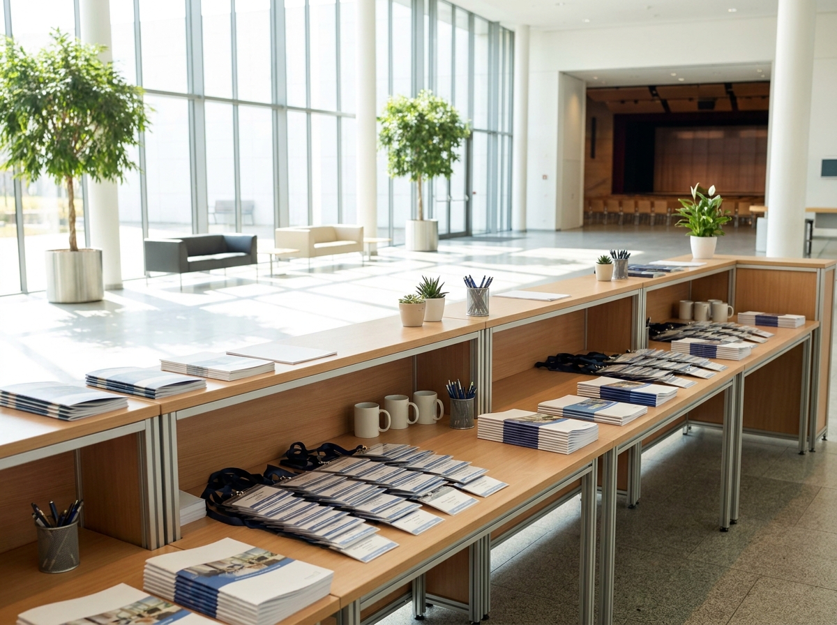 A well-organized registration desk ready for attendees at a parenting event.