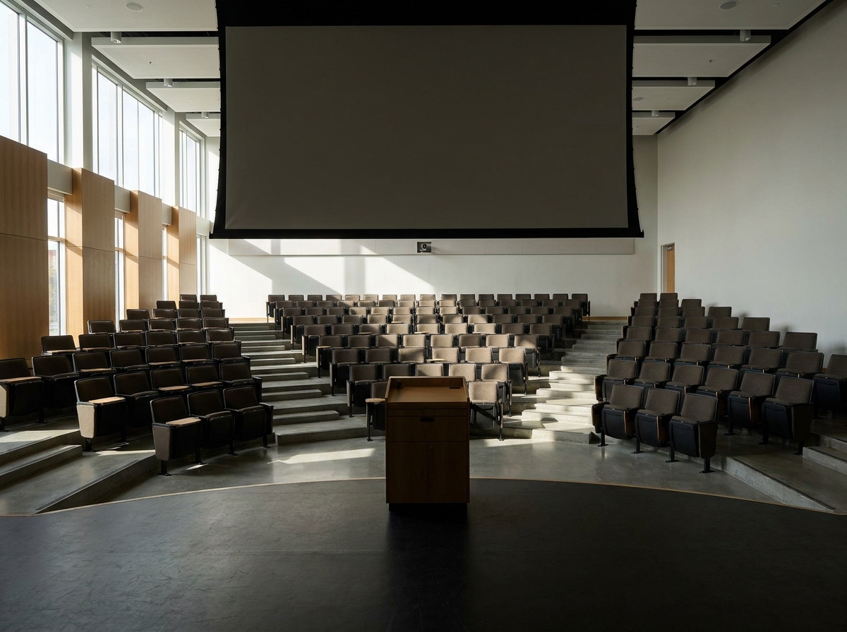 An empty lecture hall viewed from the stage, set up for a parenting presentation.