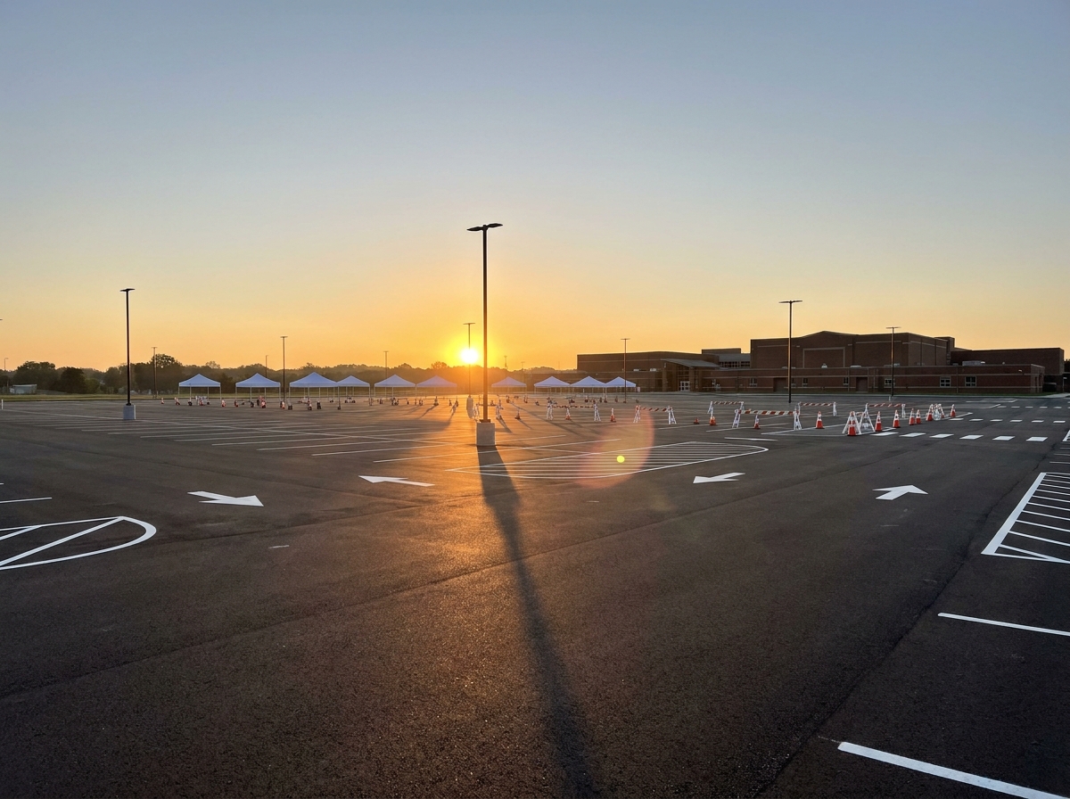 An empty school parking lot ready for a streamlined parking event.