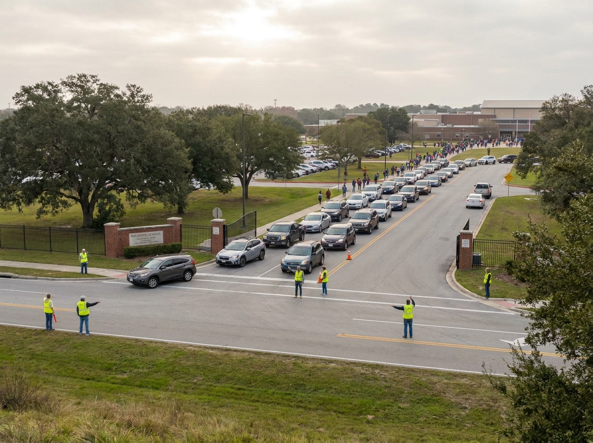 Orderly car entry at a school event using a mobile parking registration system.