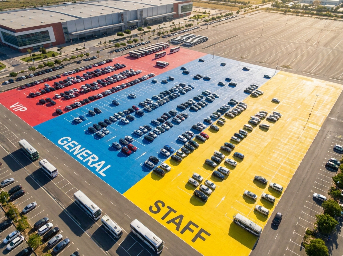 Different zones in a parking lot, representing flexible parking pass types.
