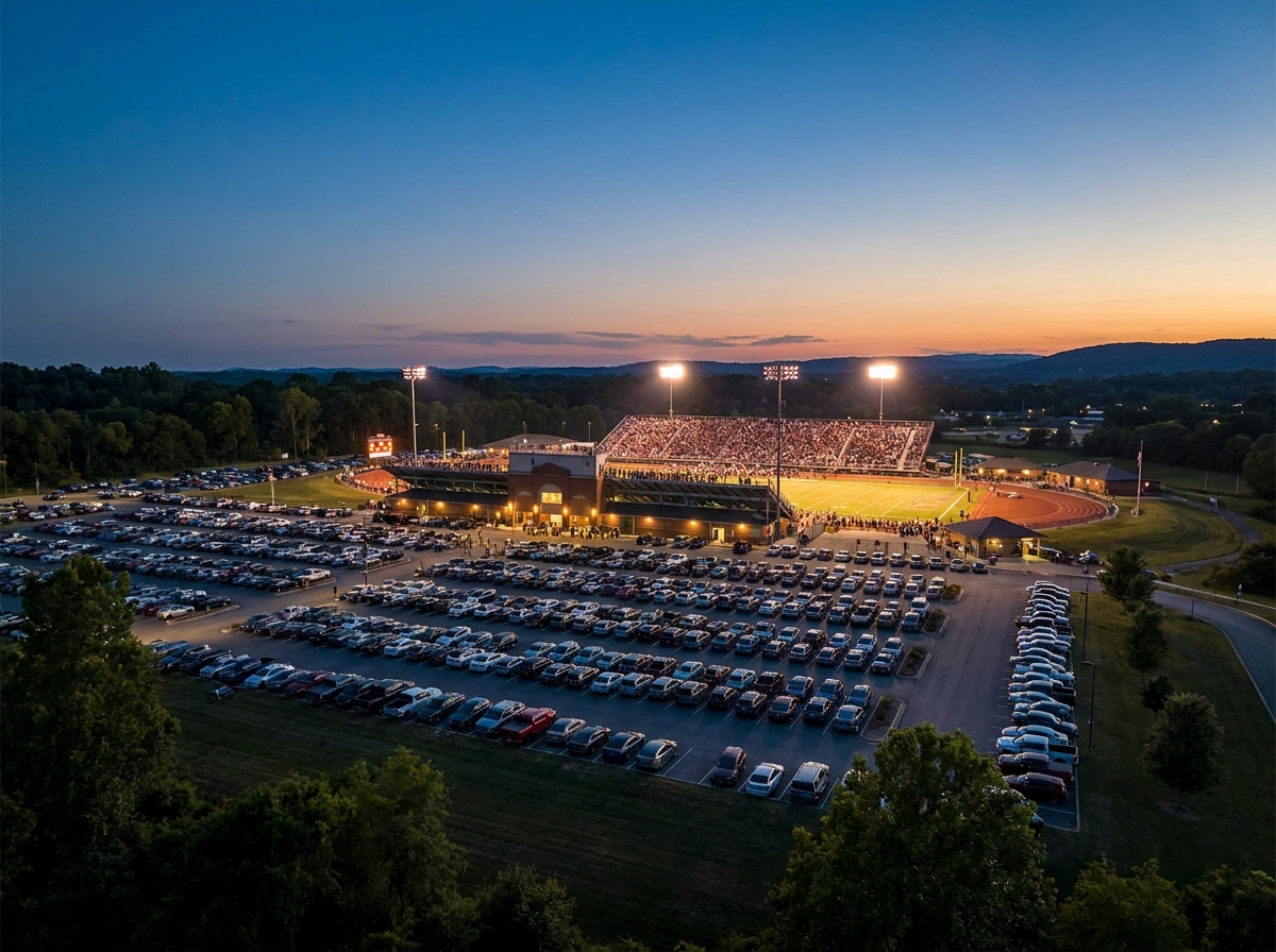A full parking lot at a school stadium, showcasing a successful event managed with Eventbrite.