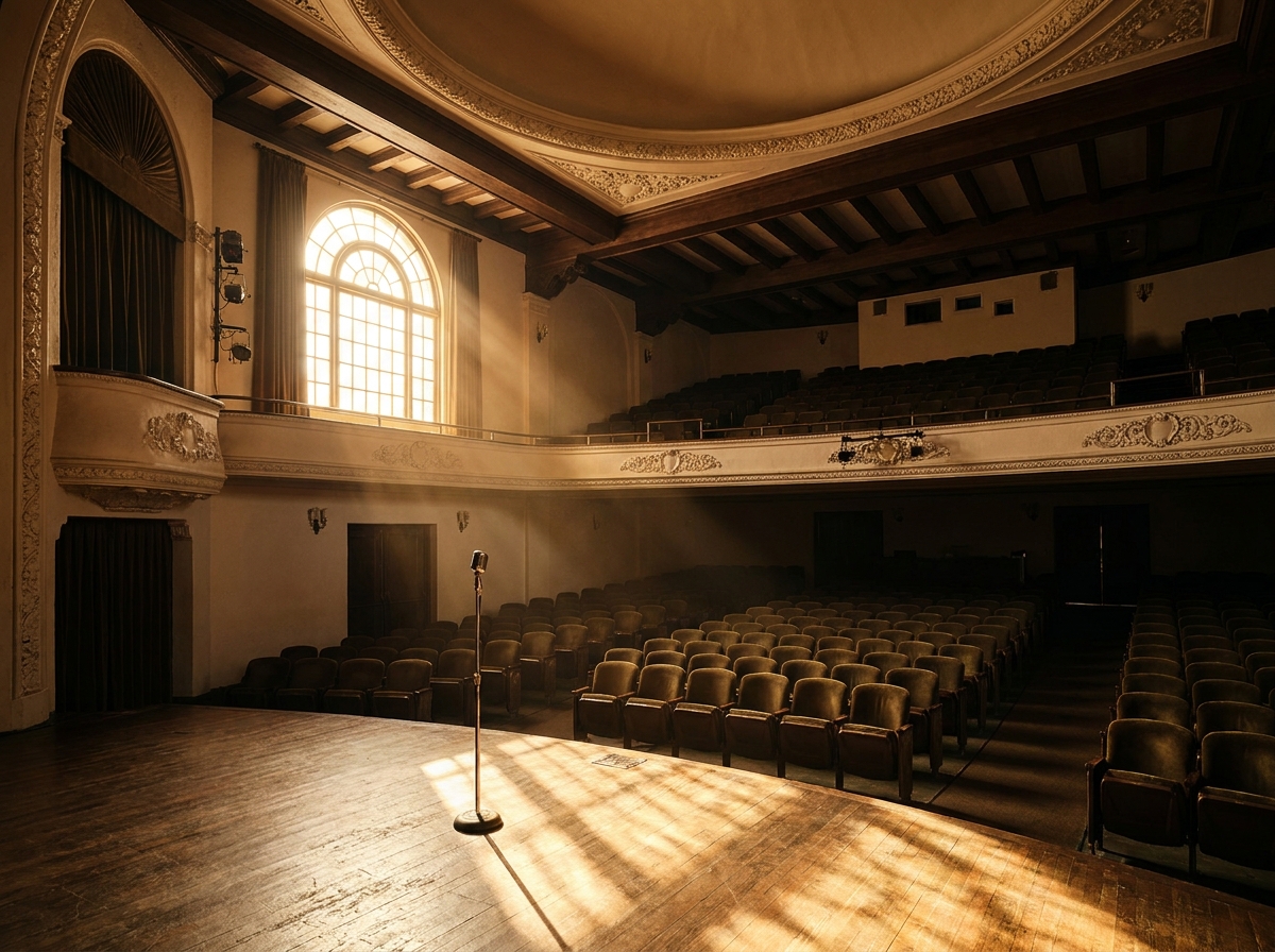 An empty, classic theater space in Pasadena, set up for a comedy performance.