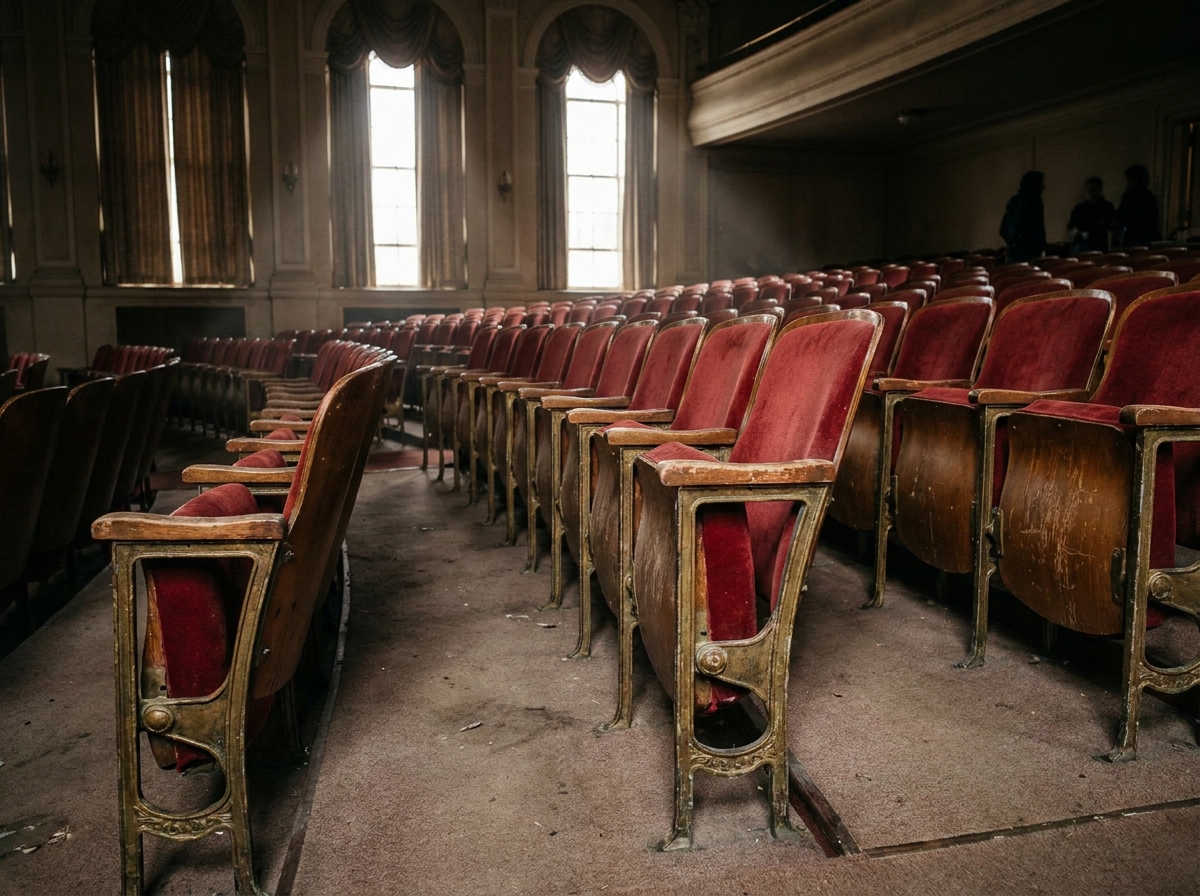 A row of empty seats in a Pasadena theater before a comedy show.