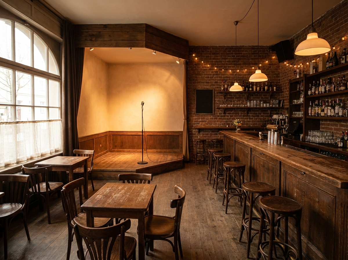 The empty corner stage of a bar, set for an open mic comedy night.