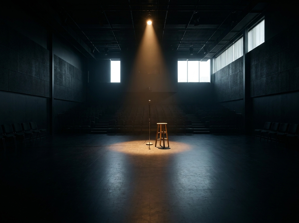 A spotlight on a microphone and stool on an empty stage for a stand-up comedy event.