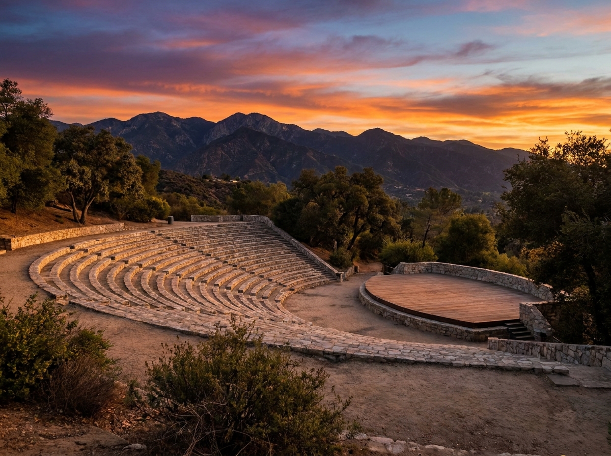 An outdoor amphitheater in Pasadena prepared for a show at sunset.